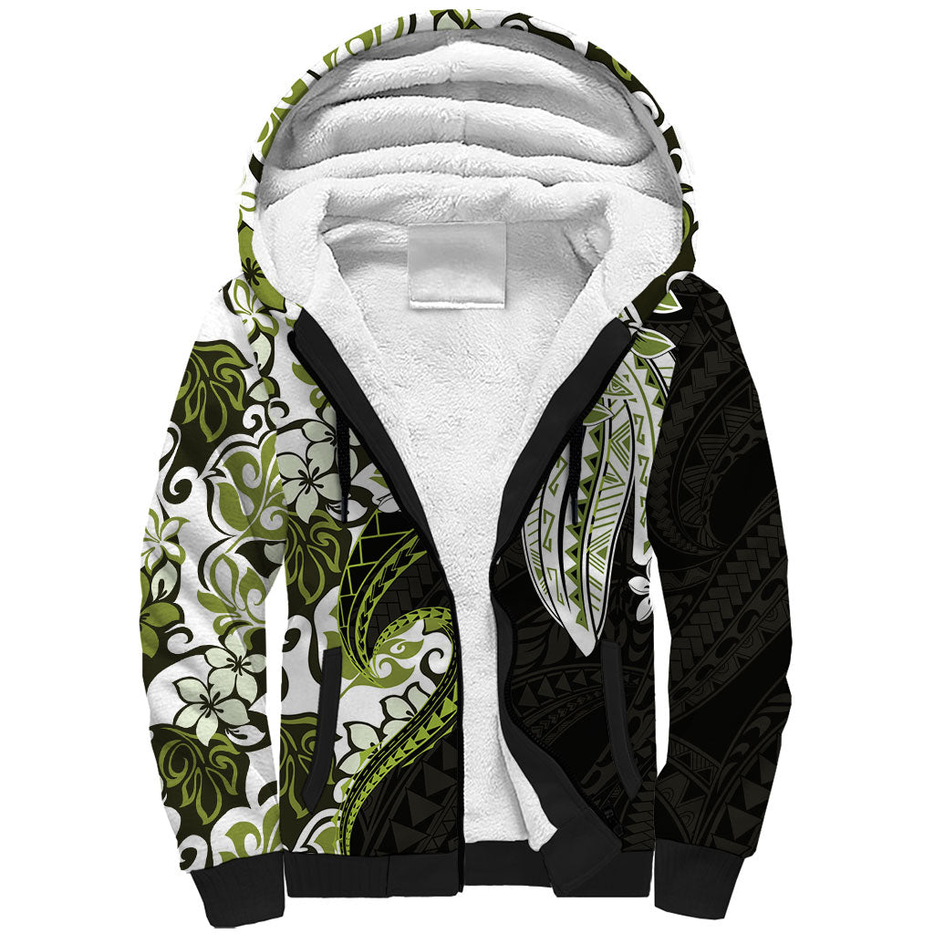 Monstera Plumeria Flowers Olive Green Sherpa Hoodie Polynesian Pattern