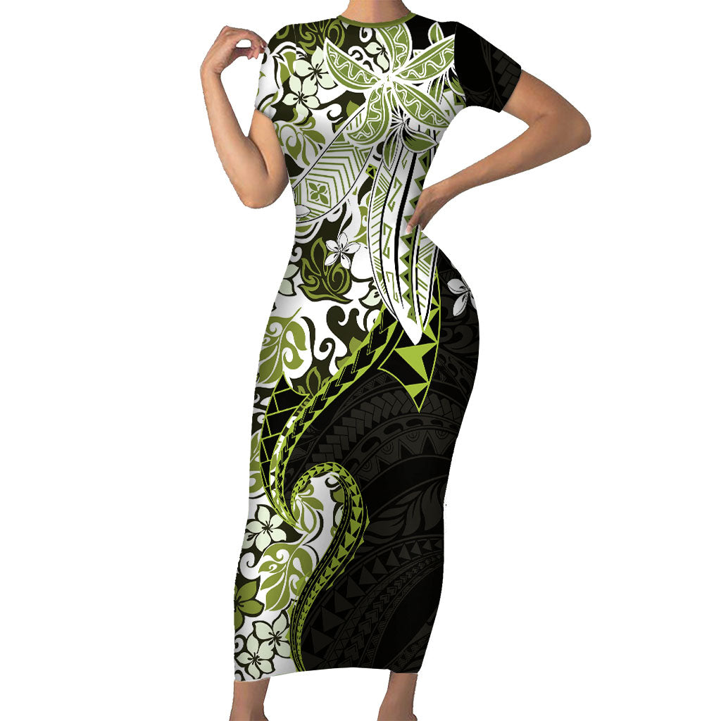 Monstera Plumeria Flowers Olive Green Short Sleeve Bodycon Dress Polynesian Pattern