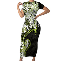 Monstera Plumeria Flowers Olive Green Short Sleeve Bodycon Dress Polynesian Pattern