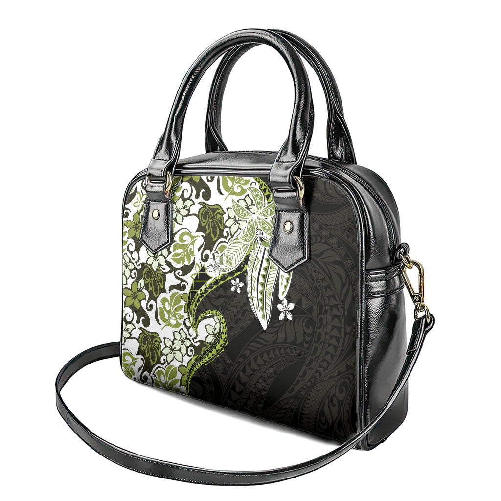 Monstera Plumeria Flowers Olive Green Shoulder Handbag Polynesian Pattern