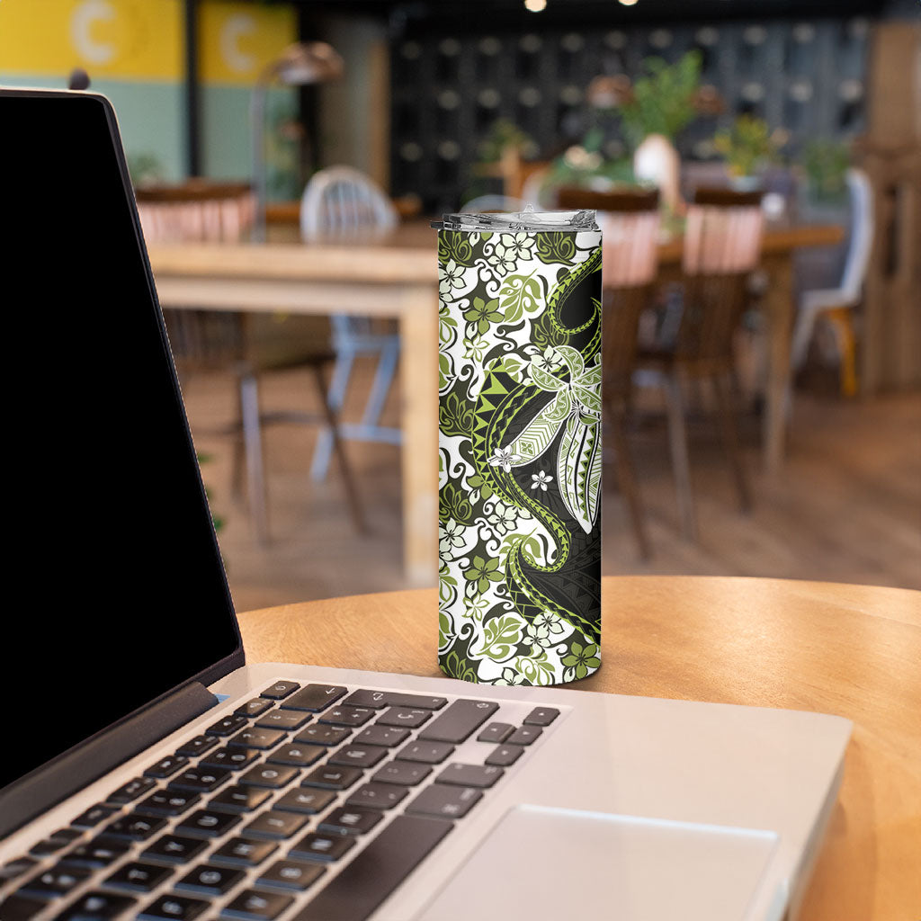 Monstera Plumeria Flowers Olive Green Skinny Tumbler Polynesian Pattern LT01 - Polynesian Pride