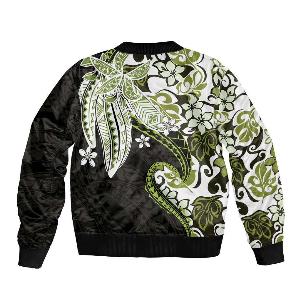 Monstera Plumeria Flowers Olive Green Sleeve Zip Bomber Jacket Polynesian Pattern