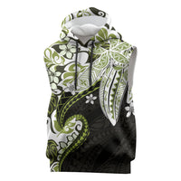 Monstera Plumeria Flowers Olive Green Sleeveless Hoodie Polynesian Pattern