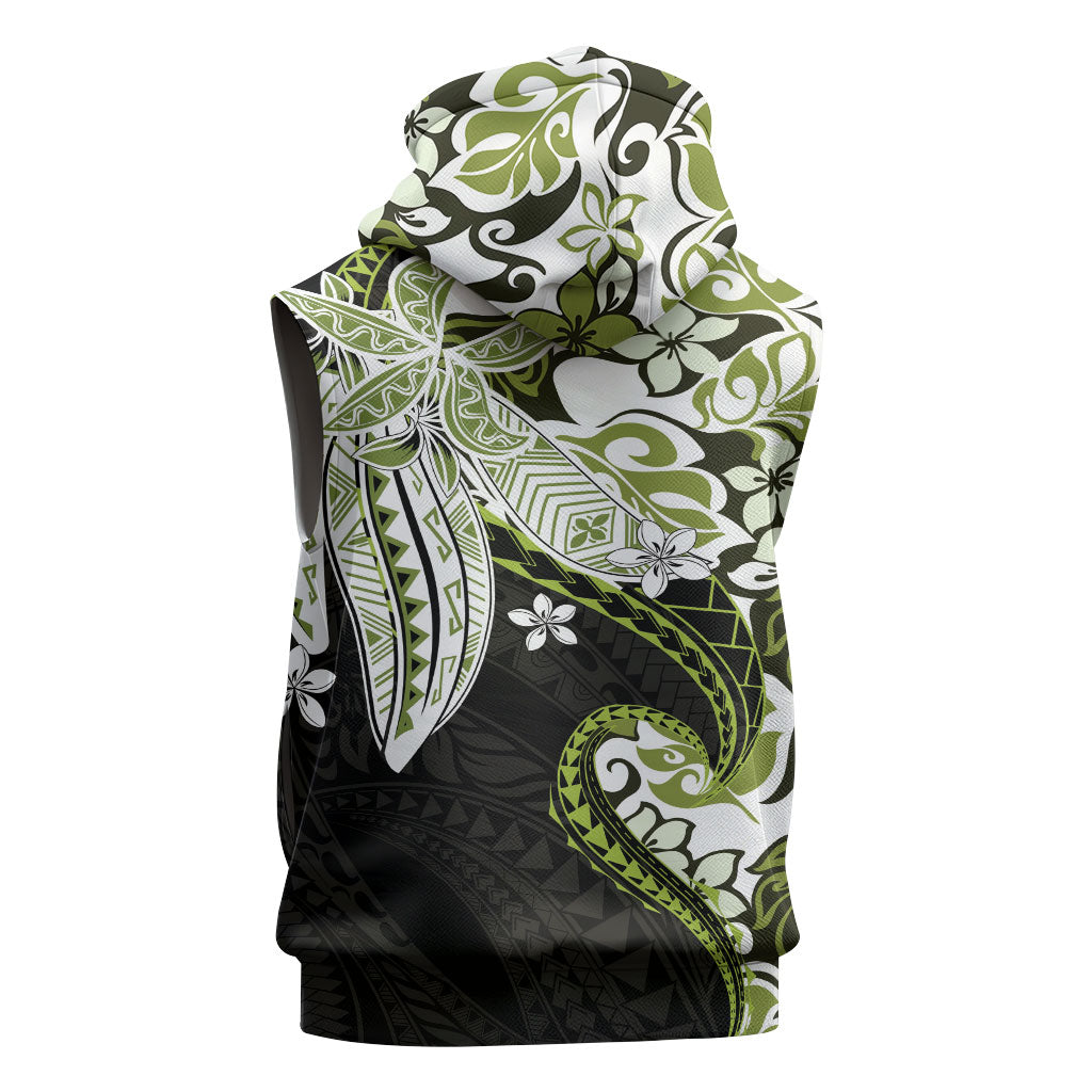 Monstera Plumeria Flowers Olive Green Sleeveless Hoodie Polynesian Pattern
