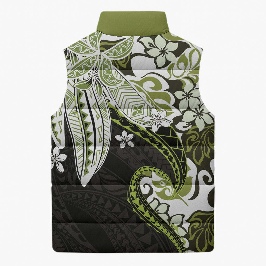 Monstera Plumeria Flowers Olive Green Sleeveless Puffer Jacket Polynesian Pattern