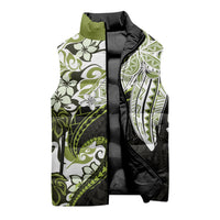 Monstera Plumeria Flowers Olive Green Sleeveless Puffer Jacket Polynesian Pattern