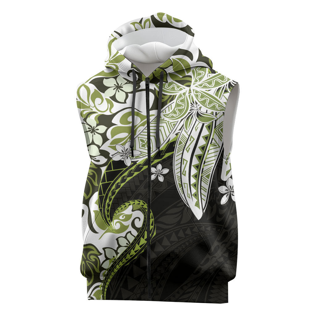 Monstera Plumeria Flowers Olive Green Sleeveless Zip Hoodie Polynesian Pattern