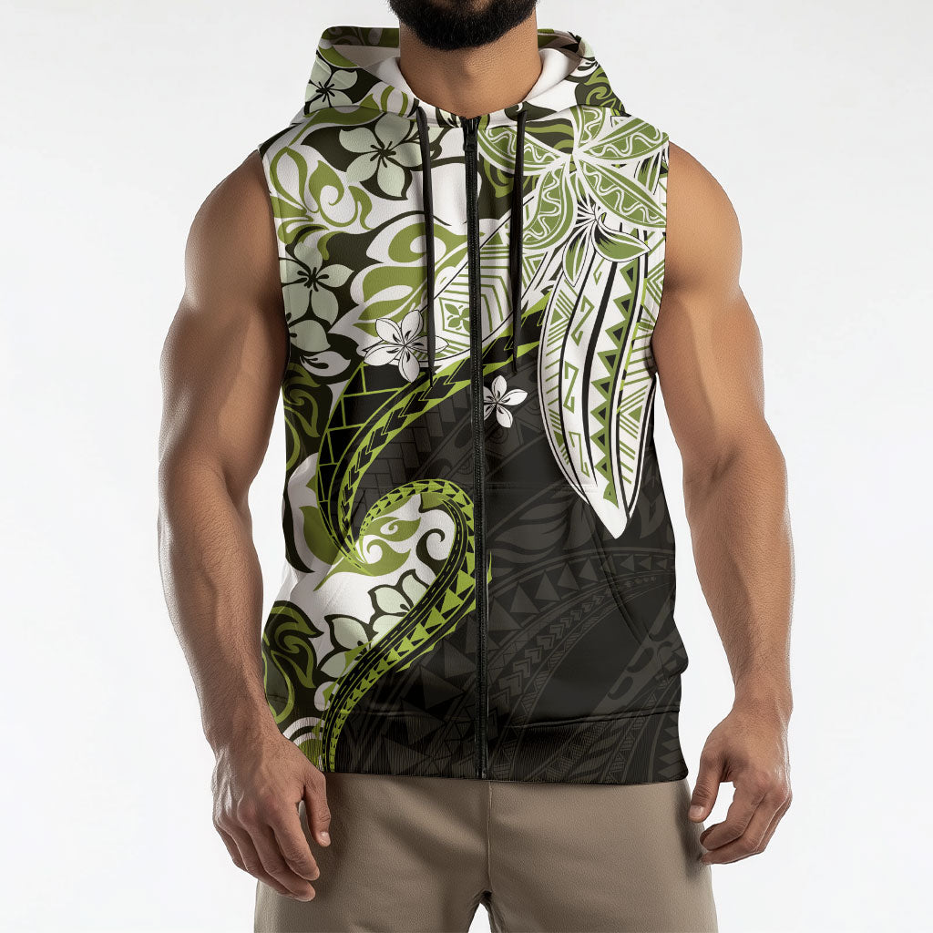 Monstera Plumeria Flowers Olive Green Sleeveless Zip Hoodie Polynesian Pattern
