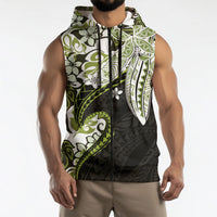Monstera Plumeria Flowers Olive Green Sleeveless Zip Hoodie Polynesian Pattern