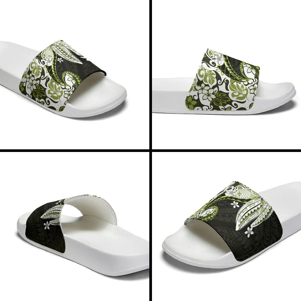 Monstera Plumeria Flowers Olive Green Slide Sandals Polynesian Pattern