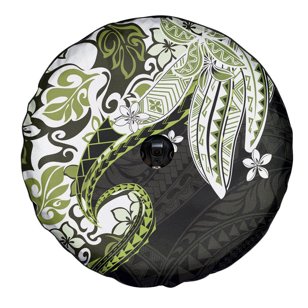 Monstera Plumeria Flowers Olive Green Spare Tire Cover Polynesian Pattern