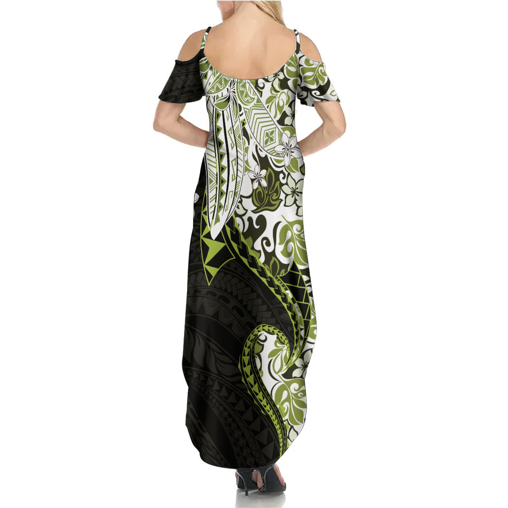 Monstera Plumeria Flowers Olive Green Summer Maxi Dress Polynesian Pattern