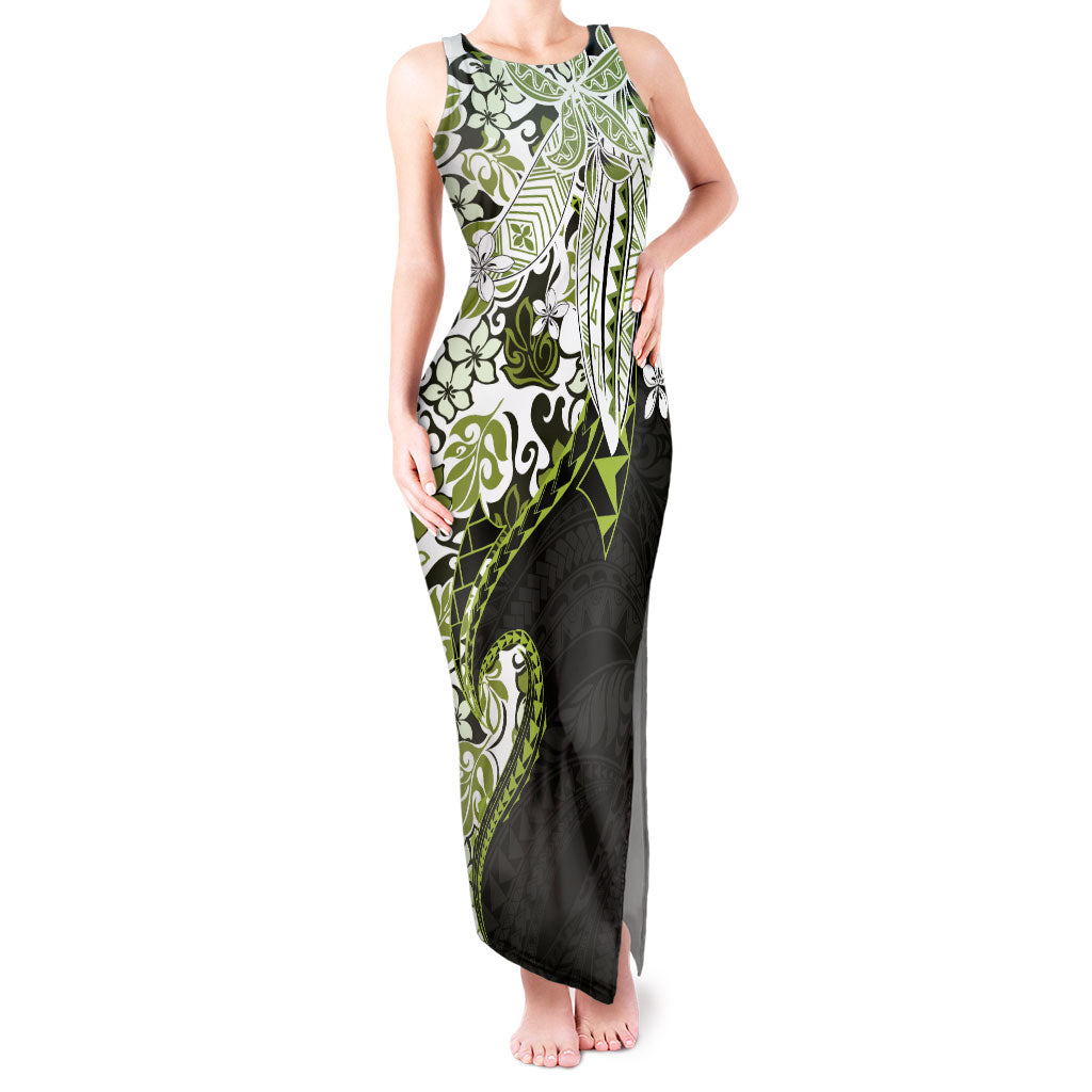 Monstera Plumeria Flowers Olive Green Tank Maxi Dress Polynesian Pattern