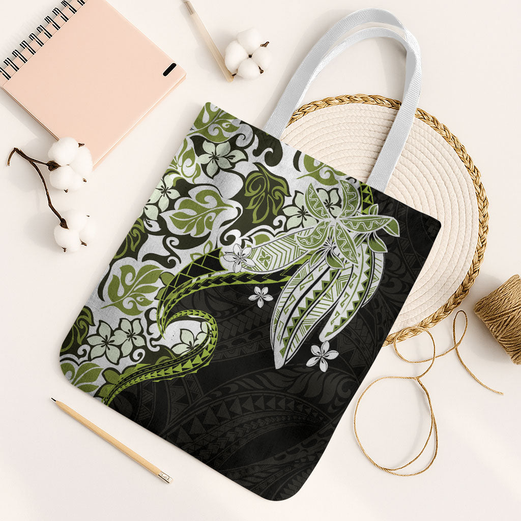 Monstera Plumeria Flowers Olive Green Tote Bag Polynesian Pattern