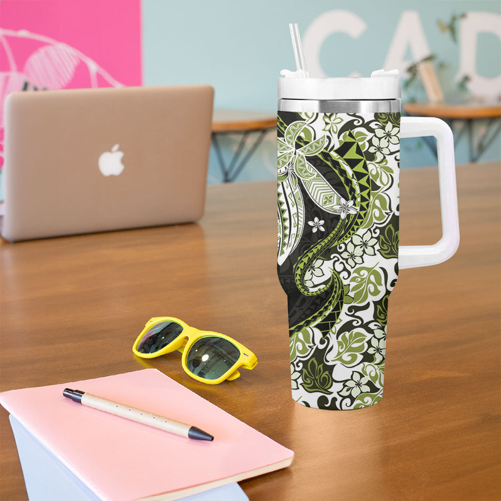 Monstera Plumeria Flowers Olive Green Tumbler With Handle Polynesian Pattern