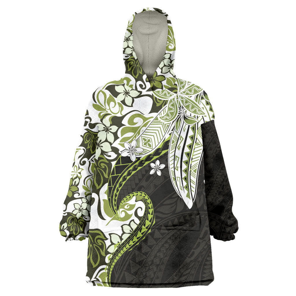 Monstera Plumeria Flowers Olive Green Wearable Blanket Hoodie Polynesian Pattern LT01 One Size Green - Polynesian Pride