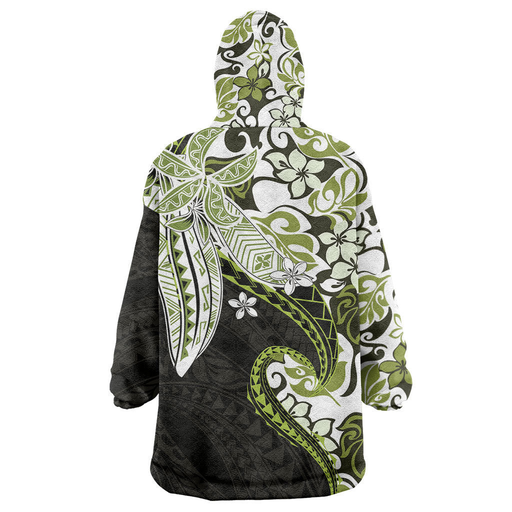 Monstera Plumeria Flowers Olive Green Wearable Blanket Hoodie Polynesian Pattern LT01 - Polynesian Pride
