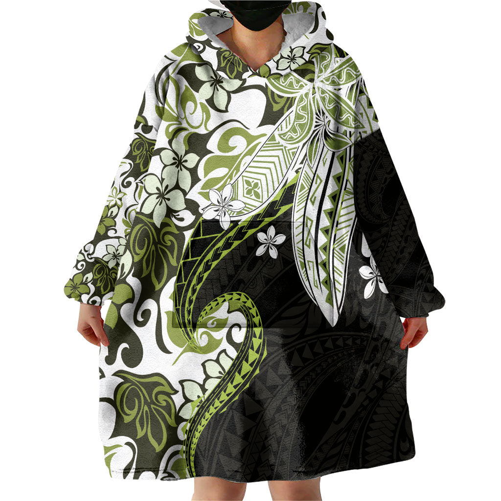 Monstera Plumeria Flowers Olive Green Wearable Blanket Hoodie Polynesian Pattern LT01 - Polynesian Pride