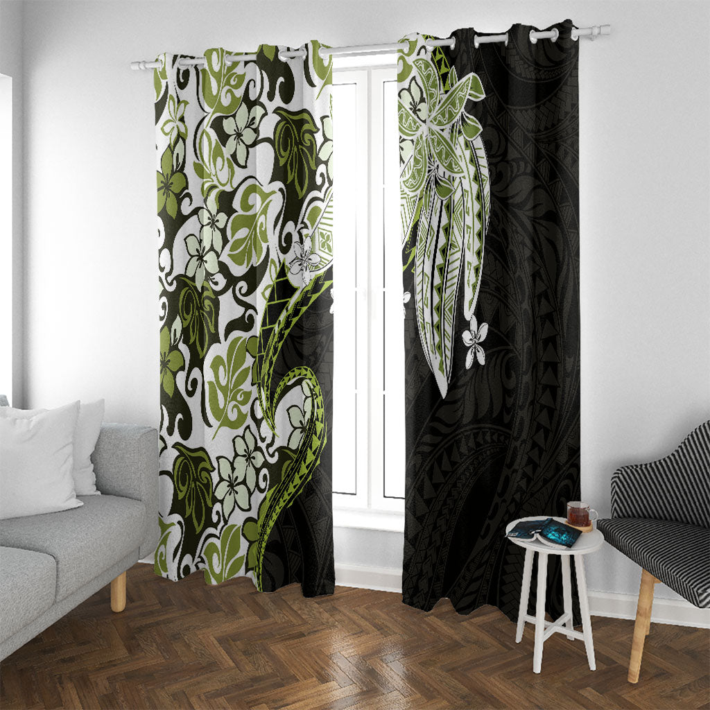 Monstera Plumeria Flowers Olive Green Window Curtain Polynesian Pattern