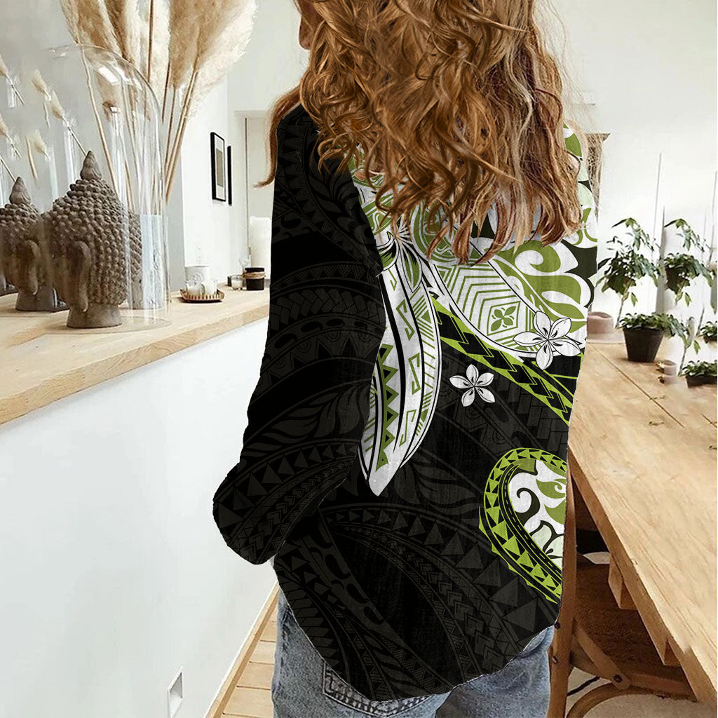 Monstera Plumeria Flowers Olive Green Women Casual Shirt Polynesian Pattern