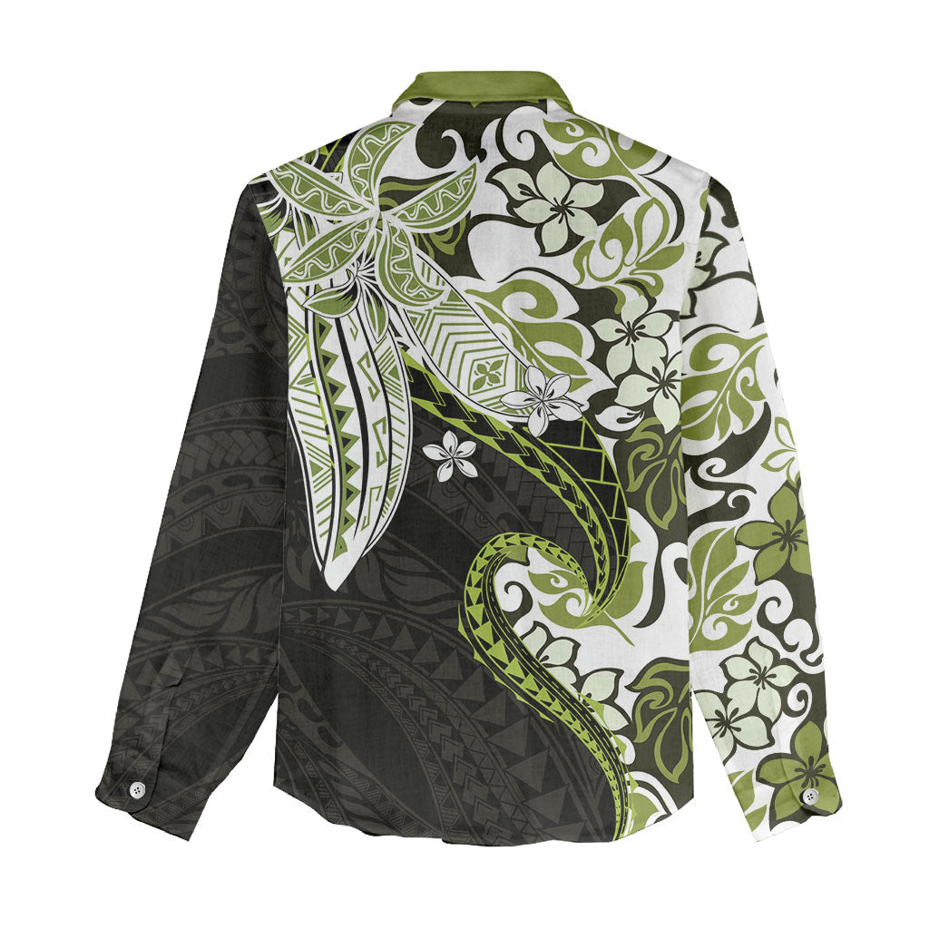 Monstera Plumeria Flowers Olive Green Women Casual Shirt Polynesian Pattern