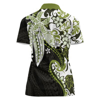 Monstera Plumeria Flowers Olive Green Women Polo Shirt Polynesian Pattern