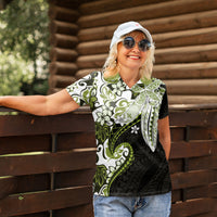 Monstera Plumeria Flowers Olive Green Women Polo Shirt Polynesian Pattern