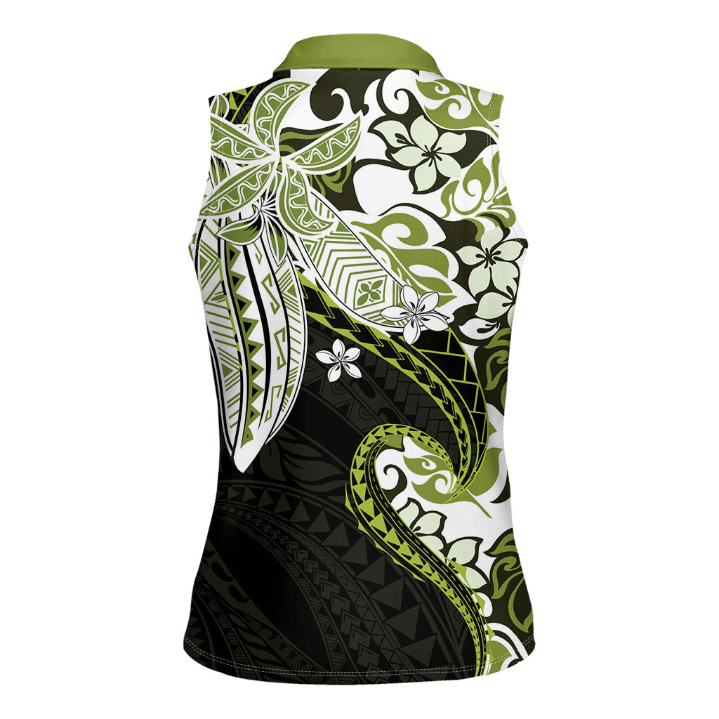 Monstera Plumeria Flowers Olive Green Women Sleeveless Polo Shirt Polynesian Pattern