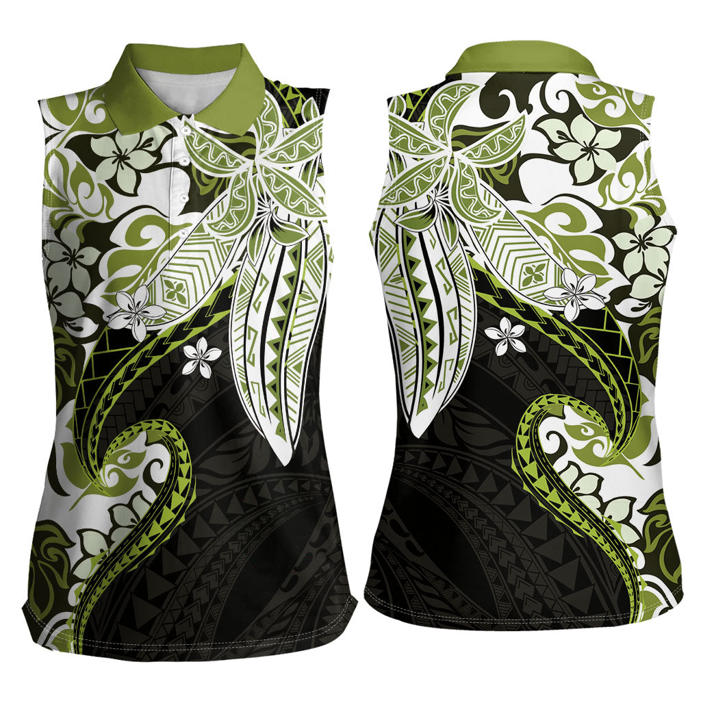 Monstera Plumeria Flowers Olive Green Women Sleeveless Polo Shirt Polynesian Pattern