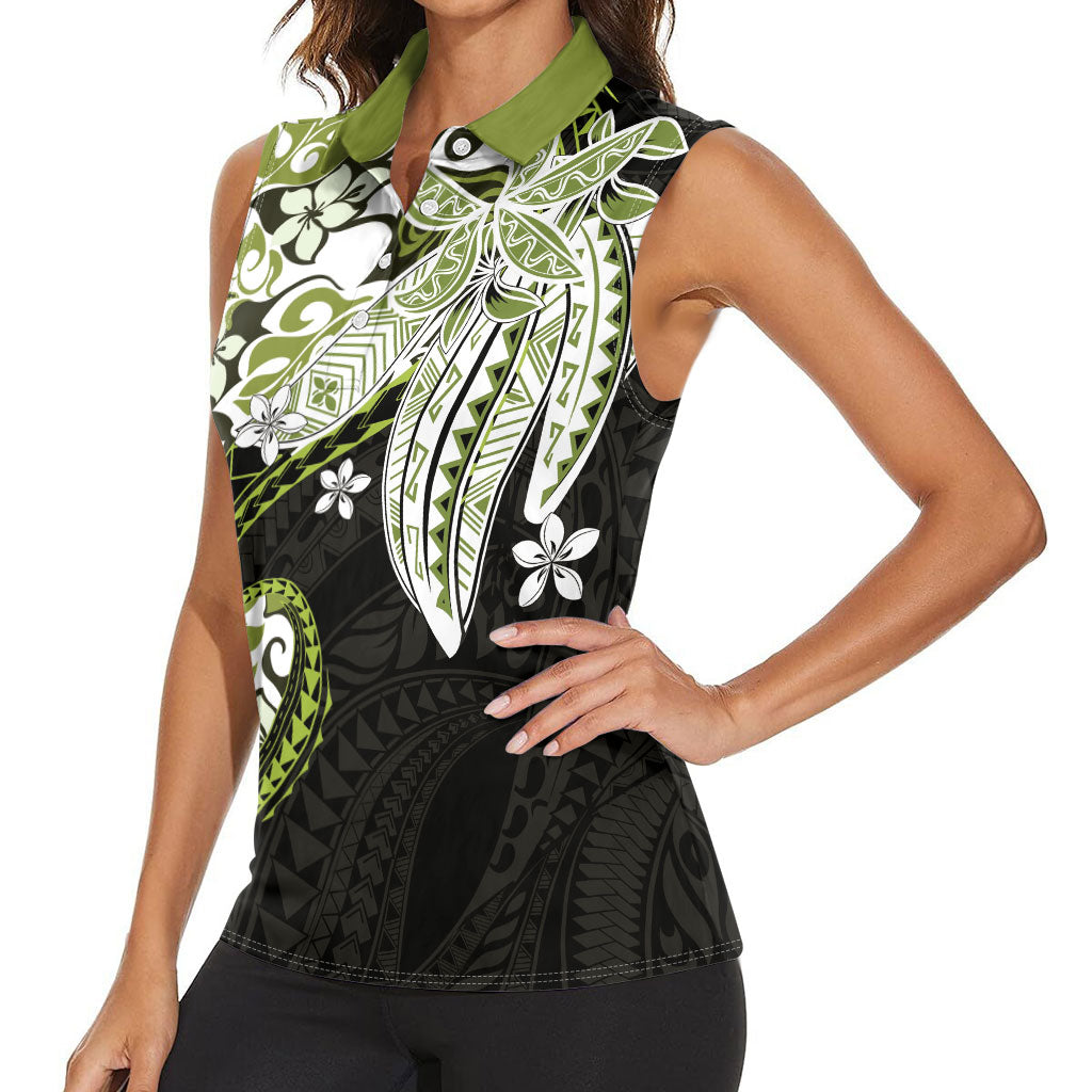 Monstera Plumeria Flowers Olive Green Women Sleeveless Polo Shirt Polynesian Pattern