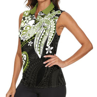 Monstera Plumeria Flowers Olive Green Women Sleeveless Polo Shirt Polynesian Pattern