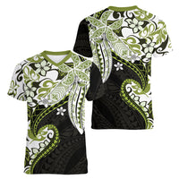 Monstera Plumeria Flowers Olive Green Women V-Neck T-Shirt Polynesian Pattern