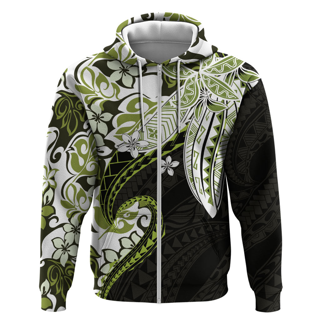 Monstera Plumeria Flowers Olive Green Zip Hoodie Polynesian Pattern