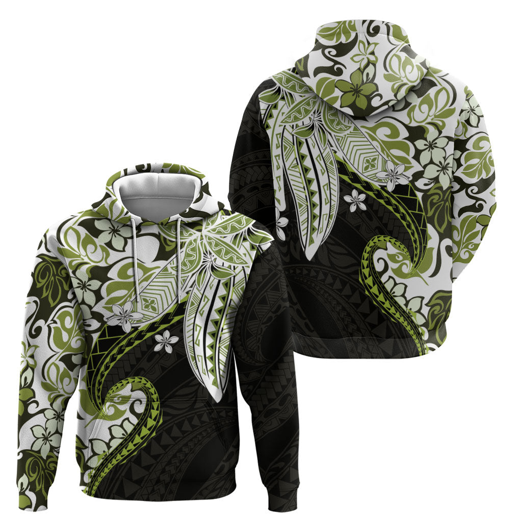 Monstera Plumeria Flowers Olive Green Zip Hoodie Polynesian Pattern