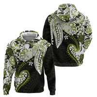 Monstera Plumeria Flowers Olive Green Zip Hoodie Polynesian Pattern