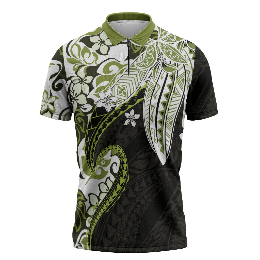 Monstera Plumeria Flowers Olive Green Zipper Polo Shirt Polynesian Pattern