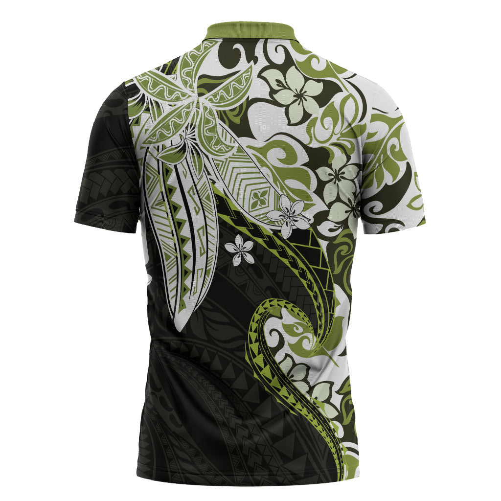 Monstera Plumeria Flowers Olive Green Zipper Polo Shirt Polynesian Pattern