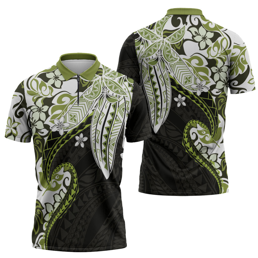 Monstera Plumeria Flowers Olive Green Zipper Polo Shirt Polynesian Pattern