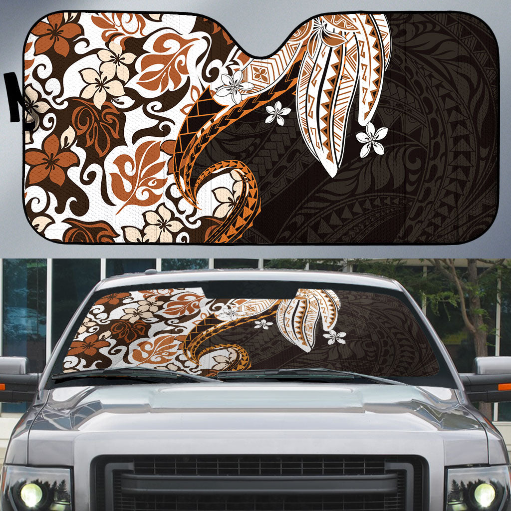 Monstera Plumeria Flowers Orange Auto Sun Shade Polynesian Pattern