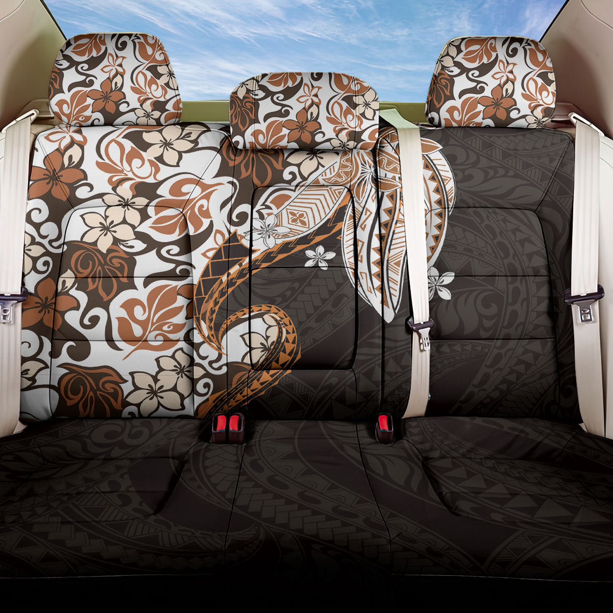 Monstera Plumeria Flowers Orange Back Car Seat Cover Polynesian Pattern