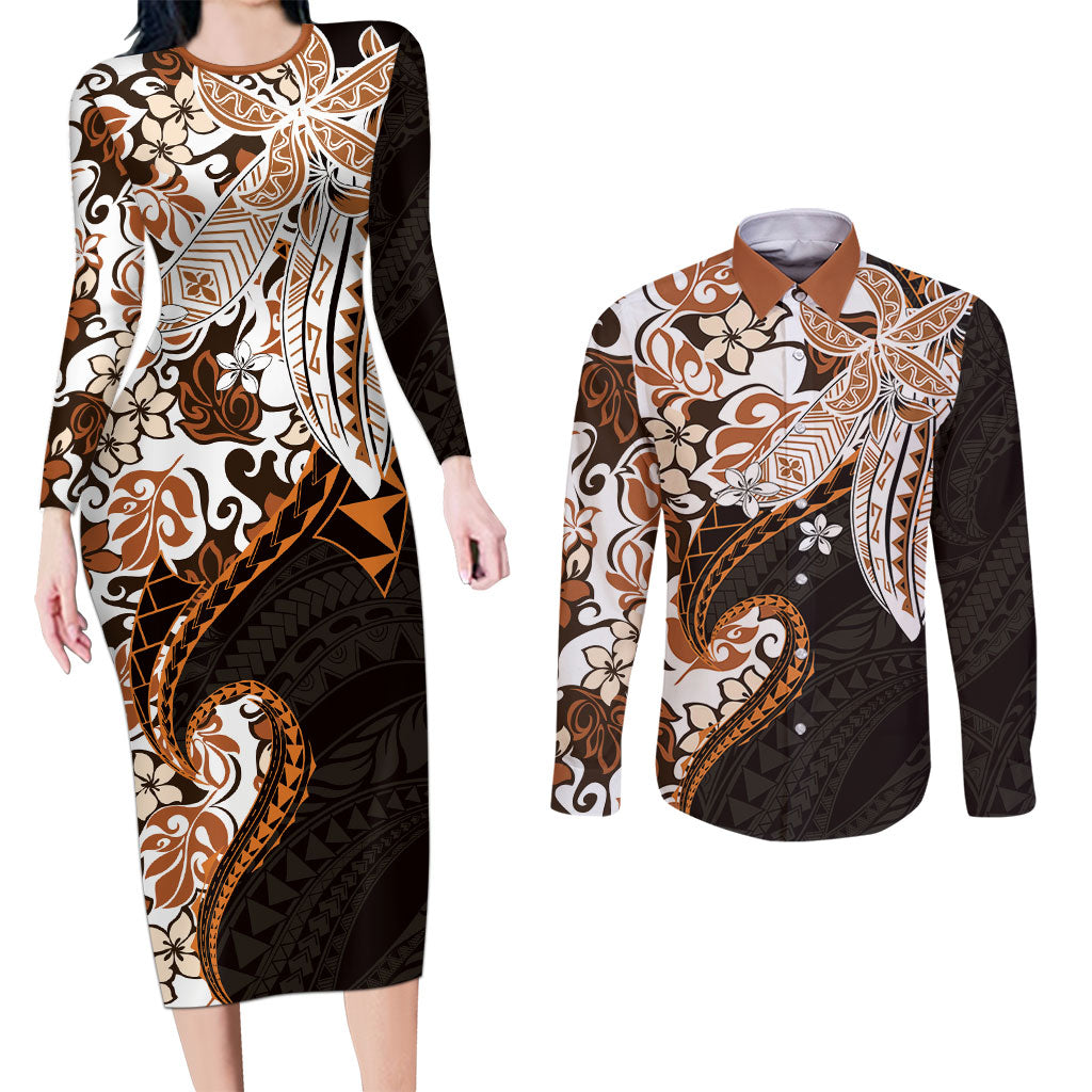 Monstera Plumeria Flowers Orange Couples Matching Long Sleeve Bodycon Dress and Long Sleeve Button Shirt Polynesian Pattern LT01 Orange - Polynesian Pride