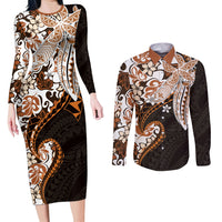 Monstera Plumeria Flowers Orange Couples Matching Long Sleeve Bodycon Dress and Long Sleeve Button Shirt Polynesian Pattern LT01 Orange - Polynesian Pride