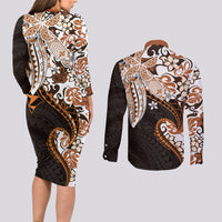 Monstera Plumeria Flowers Orange Couples Matching Long Sleeve Bodycon Dress and Long Sleeve Button Shirt Polynesian Pattern LT01 - Polynesian Pride