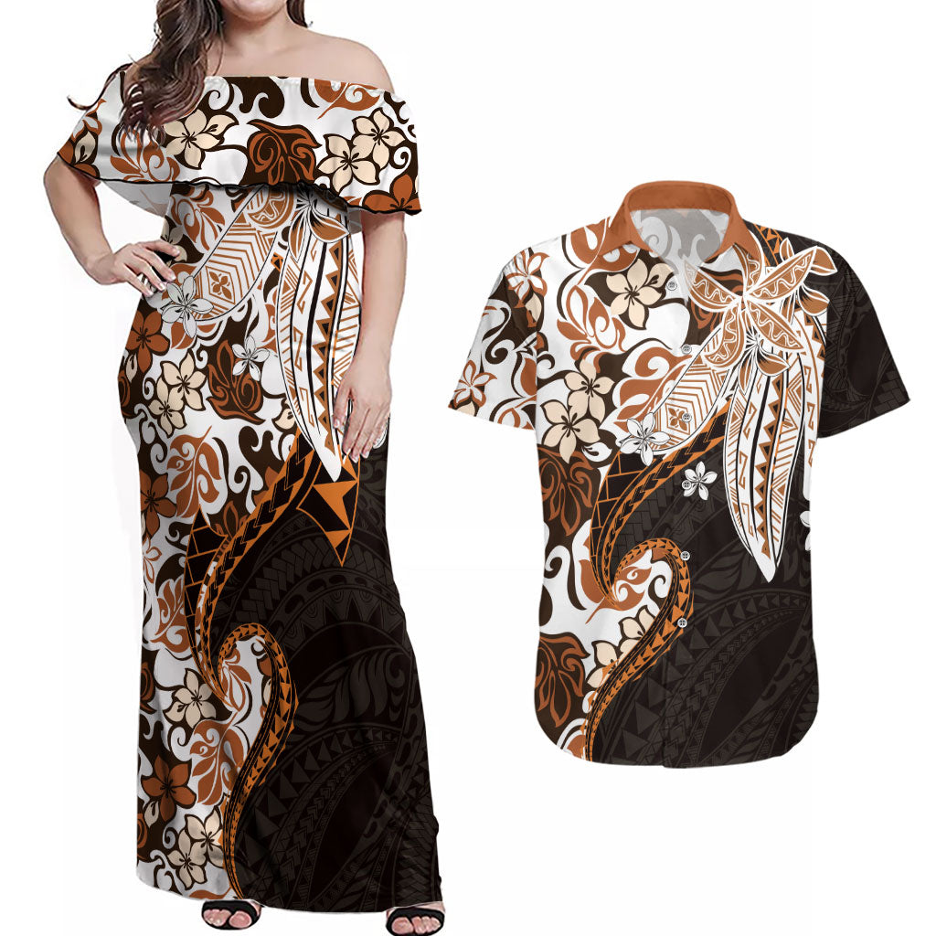 Monstera Plumeria Flowers Orange Couples Matching Off Shoulder Maxi Dress and Hawaiian Shirt Polynesian Pattern