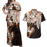 Monstera Plumeria Flowers Orange Couples Matching Off Shoulder Maxi Dress and Hawaiian Shirt Polynesian Pattern