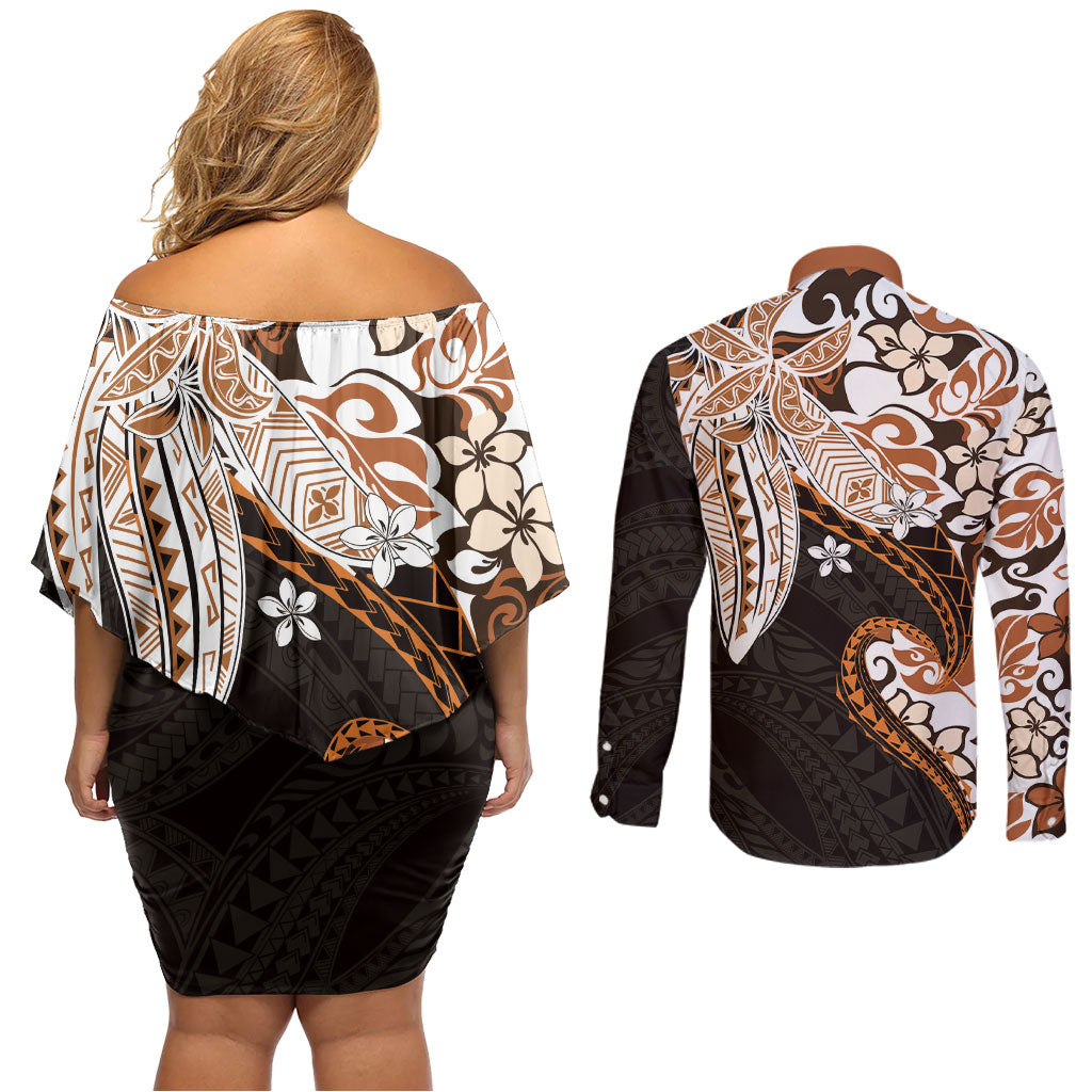 Monstera Plumeria Flowers Orange Couples Matching Off Shoulder Short Dress and Long Sleeve Button Shirt Polynesian Pattern