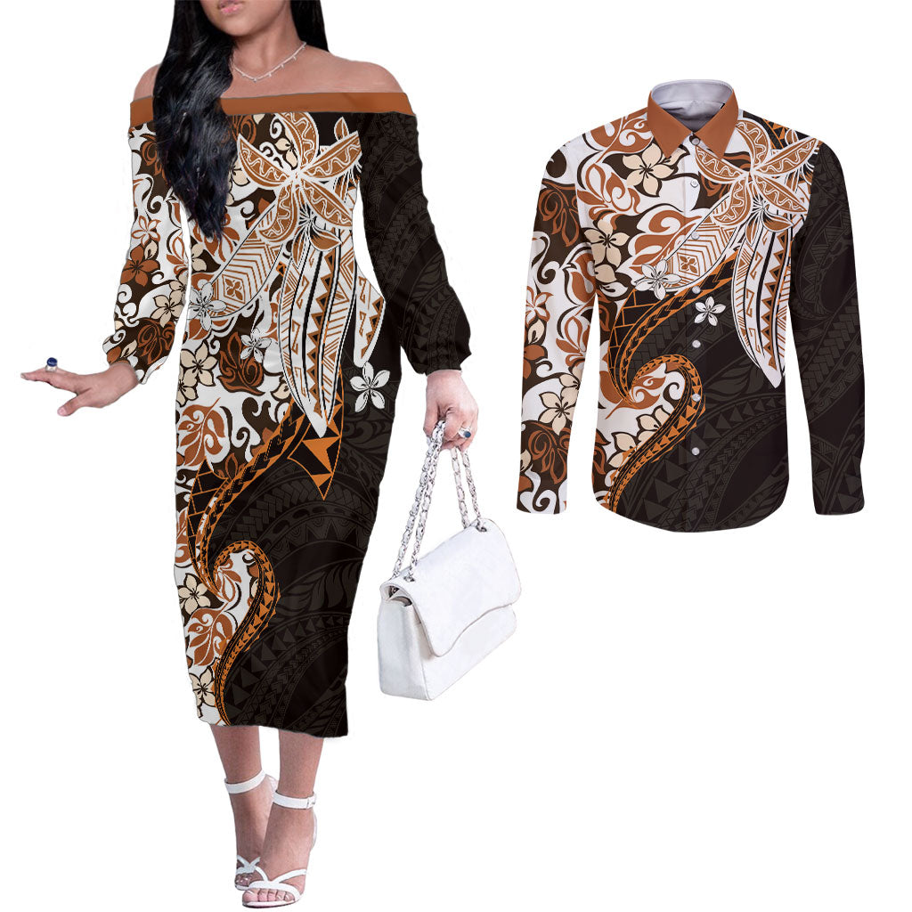 Monstera Plumeria Flowers Orange Couples Matching Off The Shoulder Long Sleeve Dress and Long Sleeve Button Shirt Polynesian Pattern