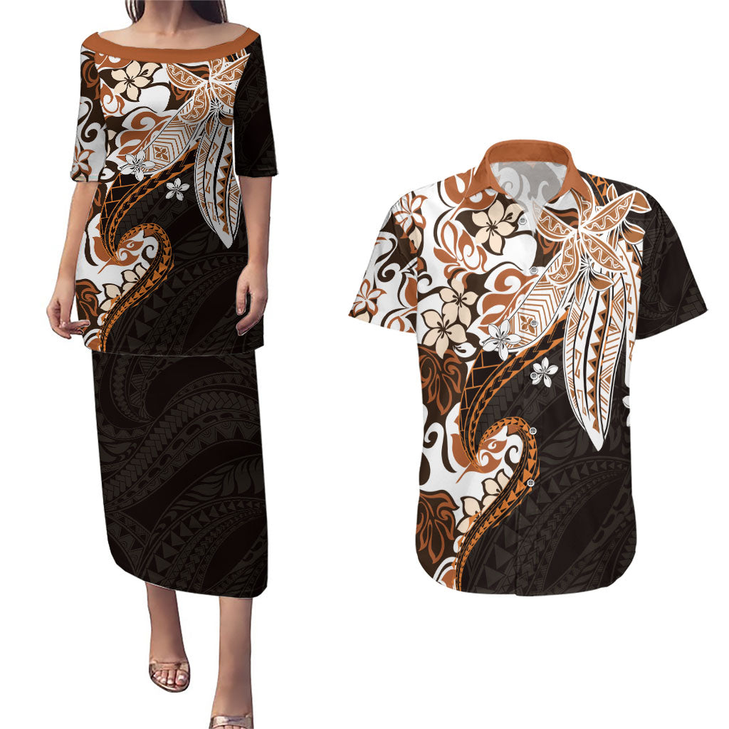 Monstera Plumeria Flowers Orange Couples Matching Puletasi and Hawaiian Shirt Polynesian Pattern