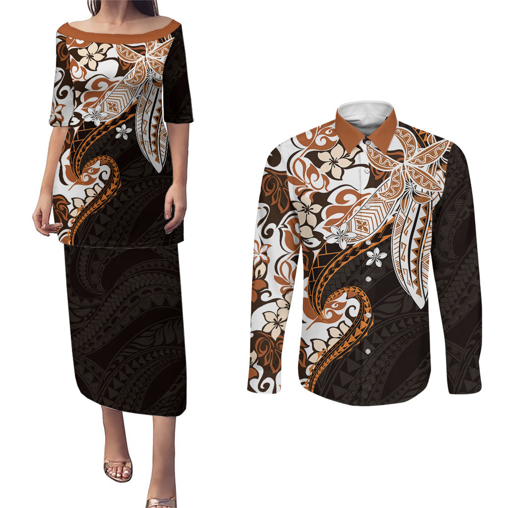 Monstera Plumeria Flowers Orange Couples Matching Puletasi and Long Sleeve Button Shirt Polynesian Pattern