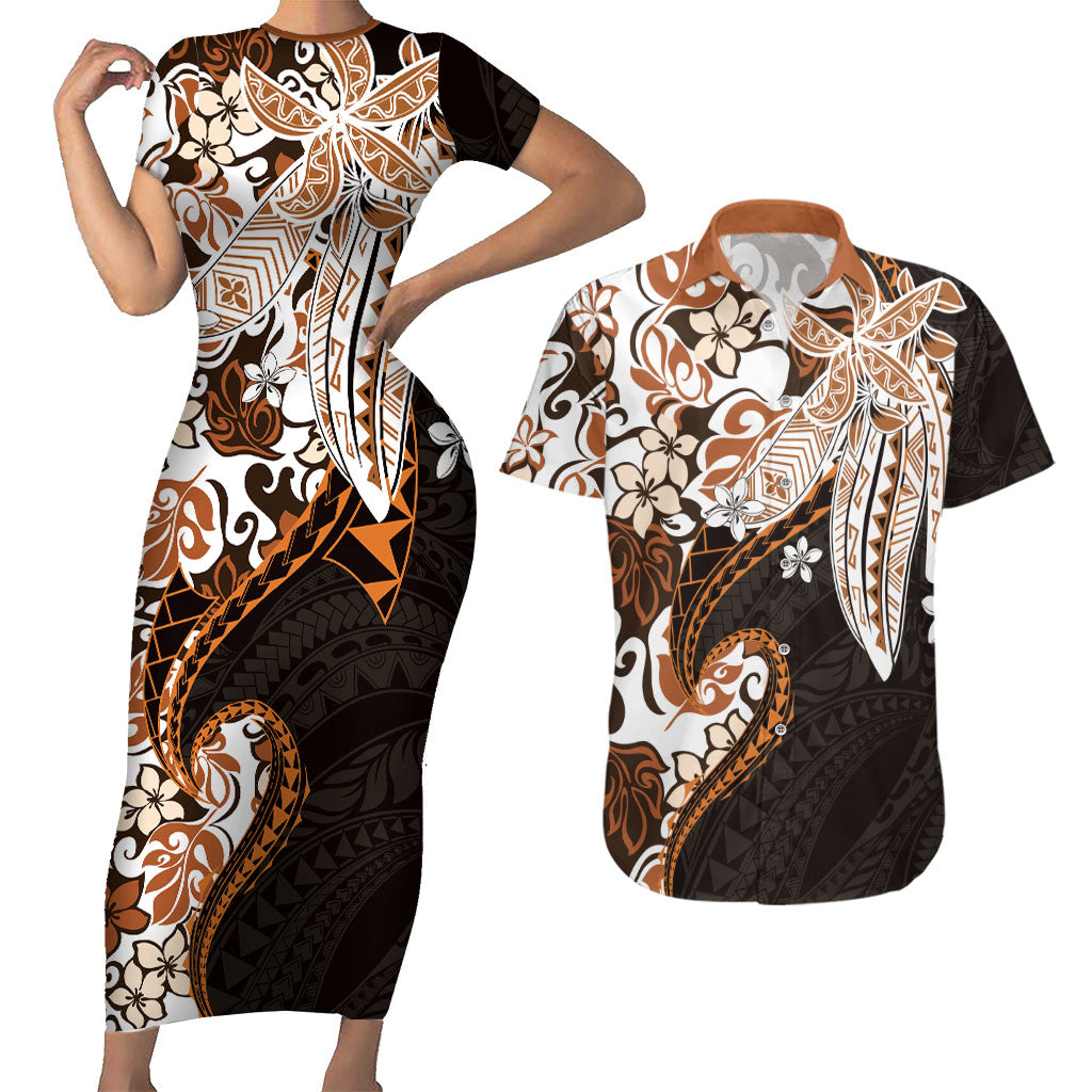 Monstera Plumeria Flowers Orange Couples Matching Short Sleeve Bodycon Dress and Hawaiian Shirt Polynesian Pattern